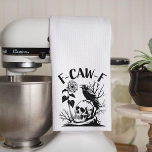 Torchon de cuisine gaufre F Caw F, décor gothique drôle de tête de mort de corbeau, torchon d'Halloween, cadeau humour noir