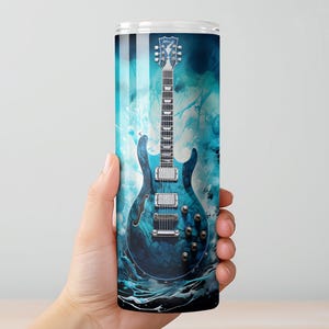 Electric Guitar Tumbler, Music Lover Gift, Rock Band Drinkware, Blue Guitar Art Cup, Musician Gift Idea