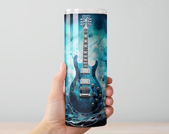 Electric Guitar Tumbler, Music Lover Gift, Rock Band Drinkware, Blue Guitar Art Cup, Musician Gift Idea