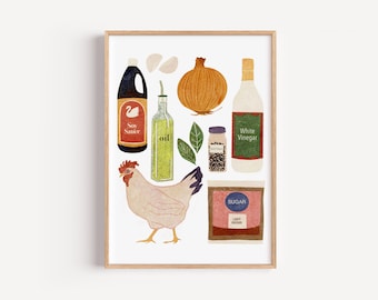 Puede incluir: Ilustración enmarcada con ingredientes de cocina. Incluye un pollo, salsa de soja, aceite, cebolla, vinagre blanco, azúcar, dientes de ajo, granos de pimienta y hojas verdes. La ilustración es colorida y está dibujada a mano, ideal para la decoración de la cocina.