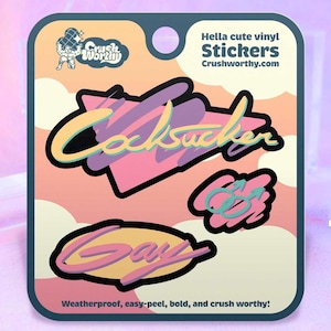 Peut inclure: Un ensemble d'autocollants en vinyle avec les mots "Cocksucker", "Gay" et "Go" dans un style rétro des années 90. Les autocollants sont sur une carte carrée avec le texte "Hella cute vinyl Stickers Crushworthy.com".