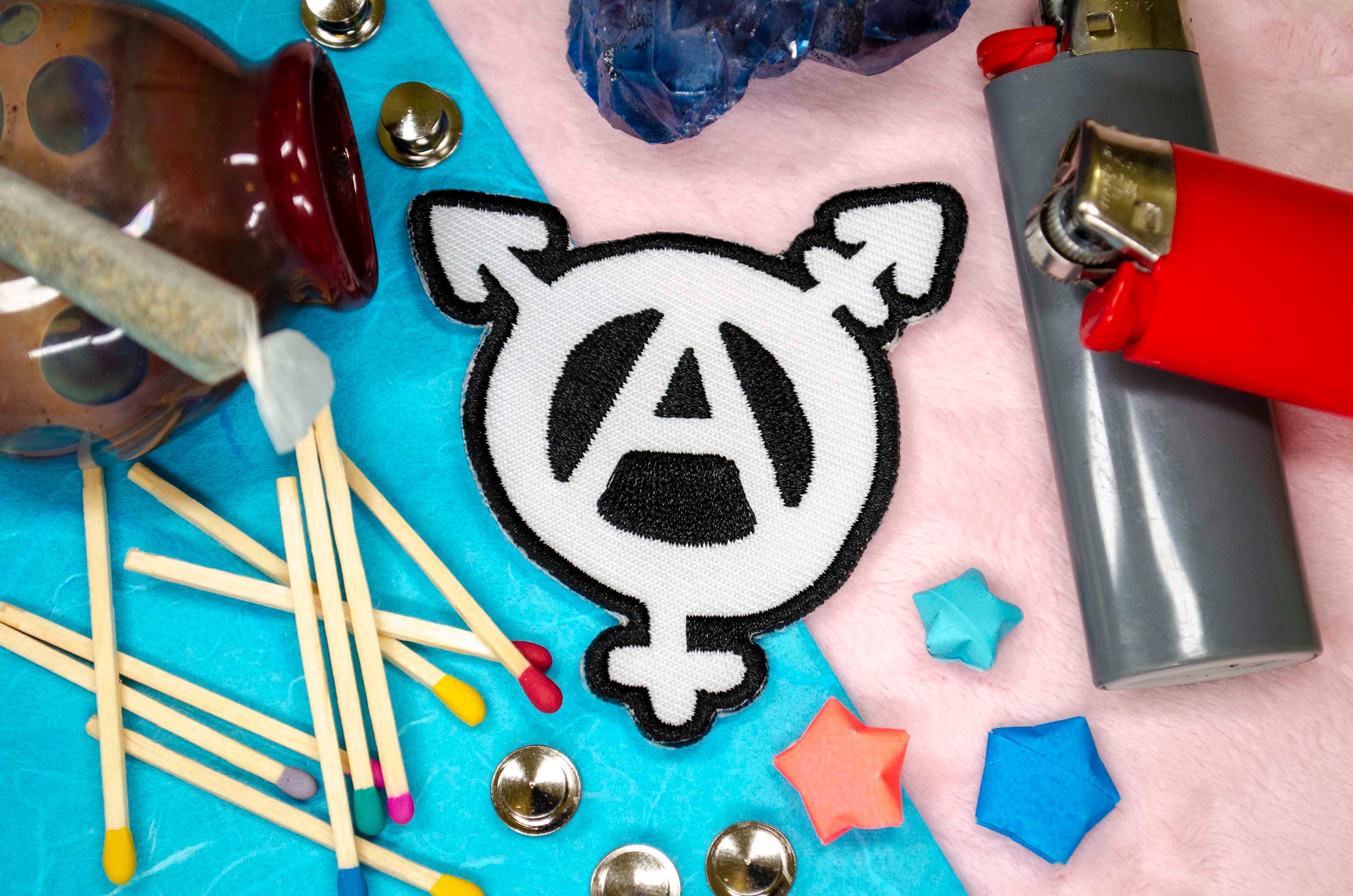 Trans Anarchy Patch, Queer Leftist Gift Iron On Embroidery, Transgender Anarchist Symbol