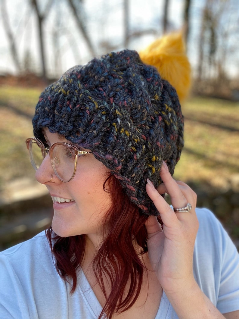 Dark Charcoal Speckled Chunky Cable Knit Hat with Yellow Faux Fur Pom