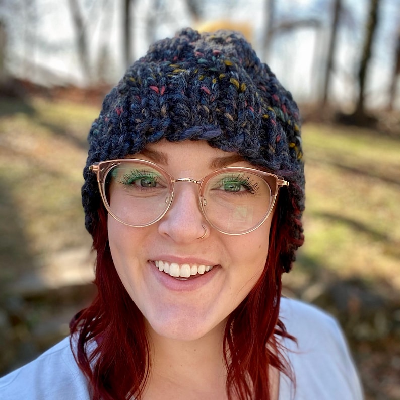 Dark Charcoal Speckled Chunky Cable Knit Hat with Yellow Faux Fur Pom
