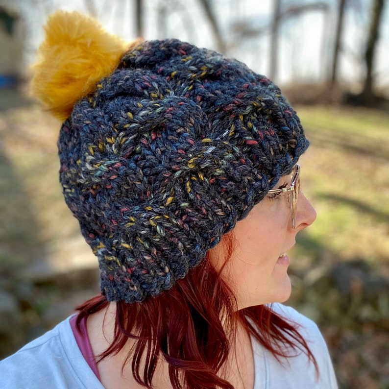 Dark Charcoal Speckled Chunky Cable Knit Hat with Yellow Faux Fur Pom