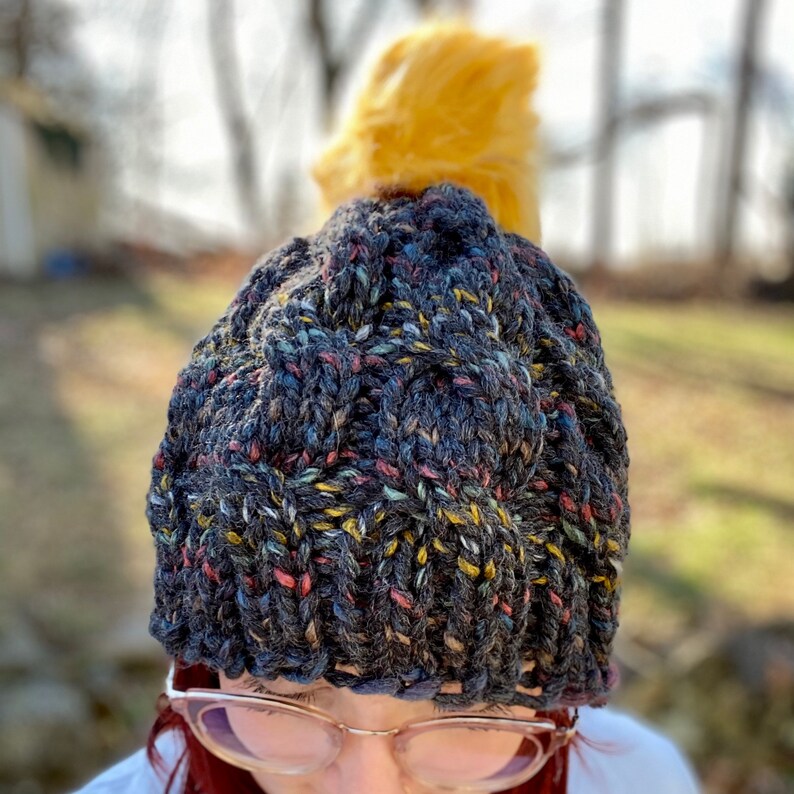 Dark Charcoal Speckled Chunky Cable Knit Hat with Yellow Faux Fur Pom