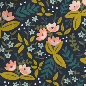 May include: A seamless pattern featuring a dark blue background with pink and white flowers, green and yellow leaves, and white dots. The text "The Infinite Bloom Project" is in the bottom center of the image.
