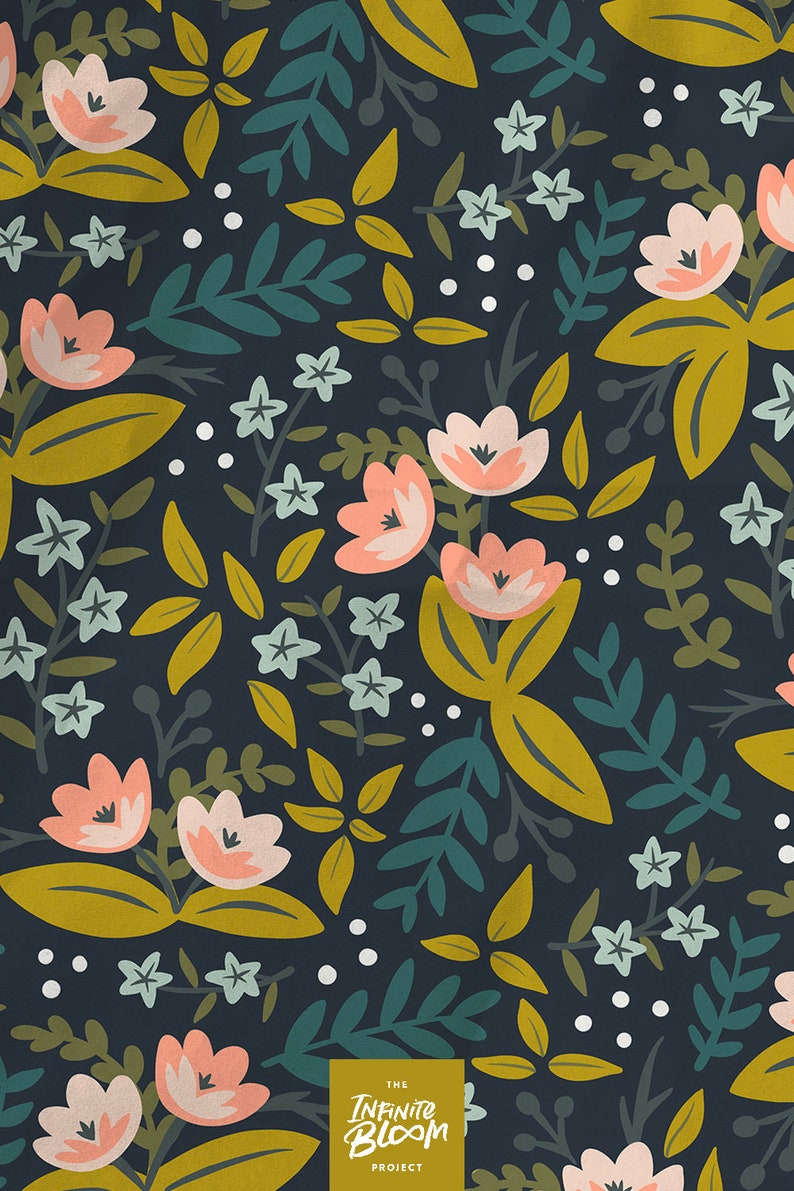 May include: A seamless pattern featuring a dark blue background with pink and white flowers, green and yellow leaves, and white dots. The text "The Infinite Bloom Project" is in the bottom center of the image.