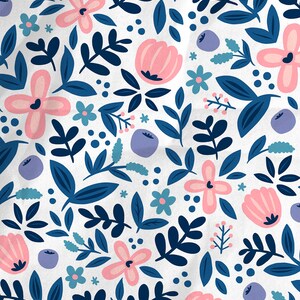 May include: A seamless pattern featuring pink and blue flowers, leaves, and berries on a white background. The text "THE INFINITE BLOOM PROJECT" is at the bottom of the image.