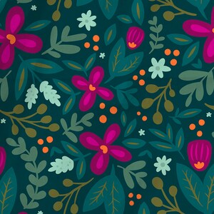 May include: A seamless pattern featuring a variety of stylized flowers and leaves in shades of pink, green, and orange on a dark teal background. The text "THE INFINITE BLOOM PROJECT" is at the bottom of the image.
