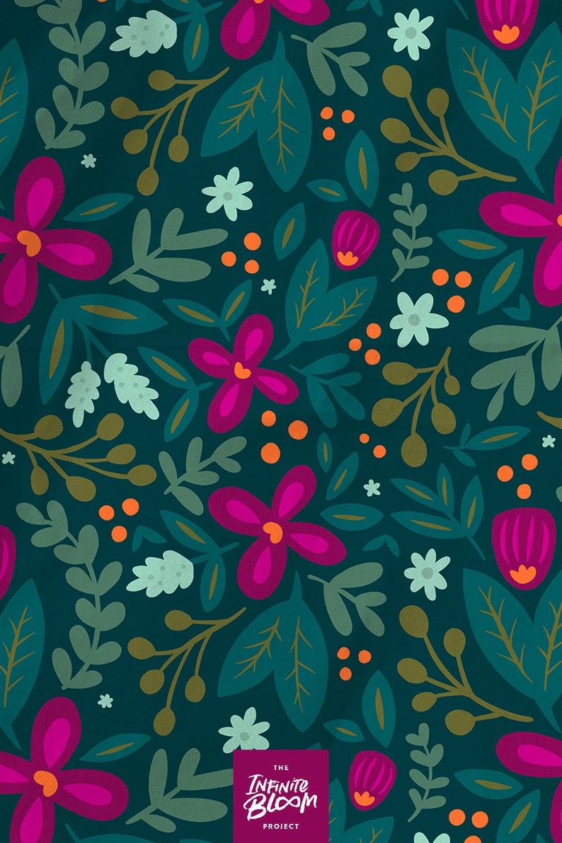 May include: A seamless pattern featuring a variety of stylized flowers and leaves in shades of pink, green, and orange on a dark teal background. The text "THE INFINITE BLOOM PROJECT" is at the bottom of the image.
