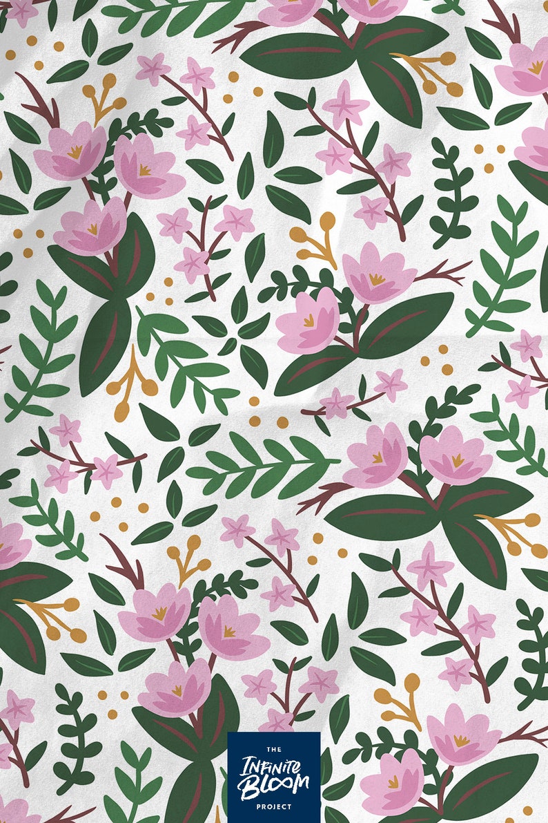 May include: A seamless pattern featuring pink flowers, green leaves, and gold dots on a white background. The text "THE INFINITE BLOOM PROJECT" is at the bottom of the image.