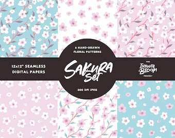 Sakura Floral Set, Cherry Blossom Bundle, Seamless Floral Pattern,  for Digital Scrapbooking, Invitations, Wedding, Planners, Commercial Use