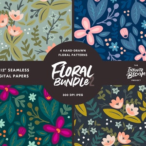 May include: A digital paper bundle featuring four hand-drawn floral patterns. The patterns are seamless and come in 12x12 inch sizes. The patterns are 300 DPI JPEG files. The text "Floral Bundle 2" is in the center of the image. The text "The Infinite Bloom Project" is in the top right corner of the image.