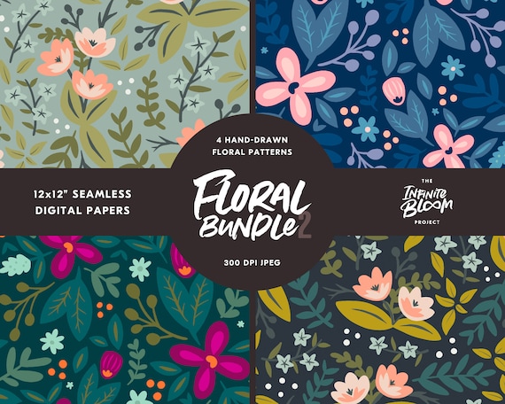 Floral Digital Paper Bundle 2, Seamless Floral Pattern,  for Digital Scrapbooking, Invitations, Wedding, Planners, Commercial Use