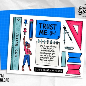 May include: A printable digital download with a blue, pink, and white color scheme. The image features a variety of school supplies, including a ruler, protractor, compass, and pencil. The text "TRUST ME - God" is written in blue on a white background. The text "GOD'S PLANS > MY PLANS" is written in black on a white background. The text "For I know the plans I have for you..." is written in black on a white background. The text "JER 29:11" is written in black on a white background.