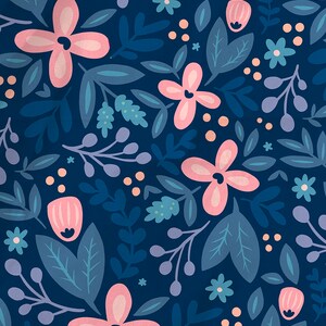 May include: A seamless pattern featuring pink flowers, blue leaves, and small white and orange dots on a dark blue background. The text "The Infinite Bloom Project" is in the bottom center of the image.