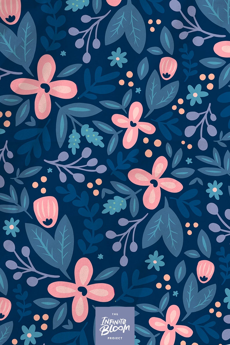 May include: A seamless pattern featuring pink flowers, blue leaves, and small white and orange dots on a dark blue background. The text "The Infinite Bloom Project" is in the bottom center of the image.