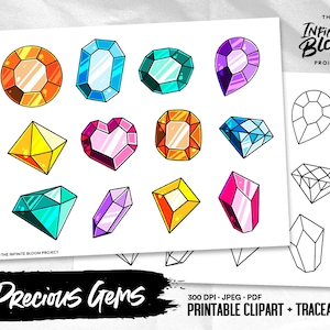 May include: A printable set of 12 colorful gem illustrations, including a heart, diamond, and star shapes. The gems are outlined in black and have a cartoon style. The set also includes 12 black and white outlines of the gems, which are perfect for coloring.