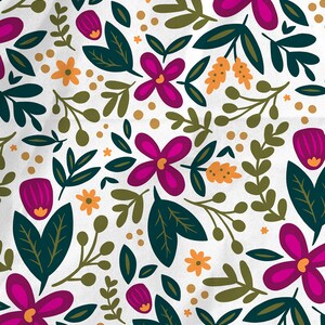 May include: A seamless pattern featuring a white background with pink flowers, green leaves, and orange dots. The text "The Infinite Bloom Project" is in the bottom center of the image.