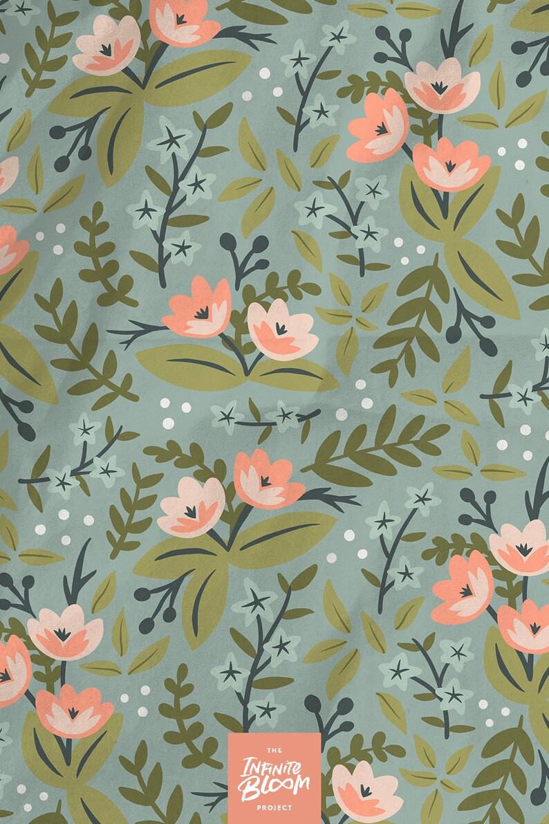 May include: A seamless pattern featuring pink flowers, green leaves, and white stars on a light blue background. The text "The Infinite Bloom Project" is in the bottom center of the image.