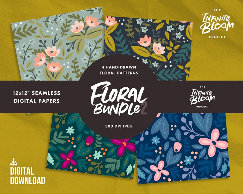 May include: Four digital paper patterns featuring floral designs in various colors, including pink, blue, green, and yellow. The patterns are seamless and can be used for crafting, scrapbooking, and other creative projects. The text "Floral Bundle 2" is displayed in the center of the image.