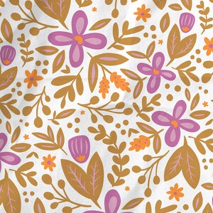 May include: A seamless pattern featuring a variety of floral elements in shades of purple, orange, and brown. The background is white. The text "THE INFINITE BLOOM PROJECT" is in the bottom center of the image.