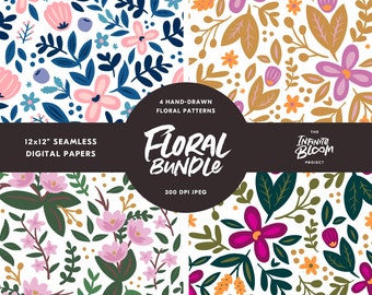 Floral Digital Paper Bundle, Seamless Floral Pattern,  for Digital Scrapbooking, Invitations, Wedding, Planners, Commercial Use