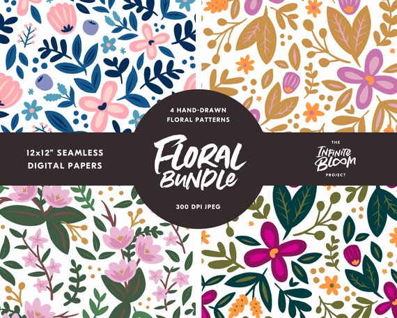 Floral Digital Paper Bundle, Seamless Floral Pattern,  for Digital Scrapbooking, Invitations, Wedding, Planners, Commercial Use