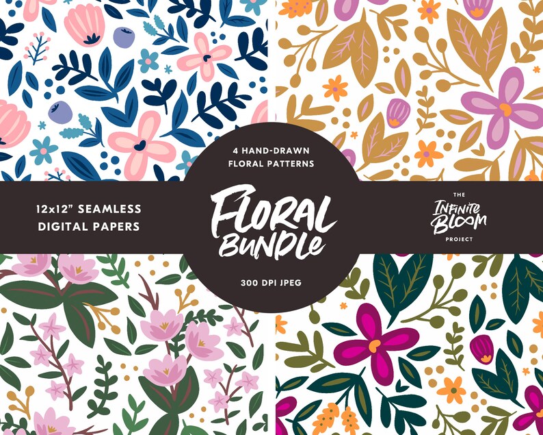 May include: Four digital paper patterns featuring floral designs in various colors, including pink, blue, green, yellow, and orange. The patterns are seamless and can be used for crafting, scrapbooking, and other creative projects. The text "12x12" seamless digital papers" and "Floral Bundle" is included in the image.