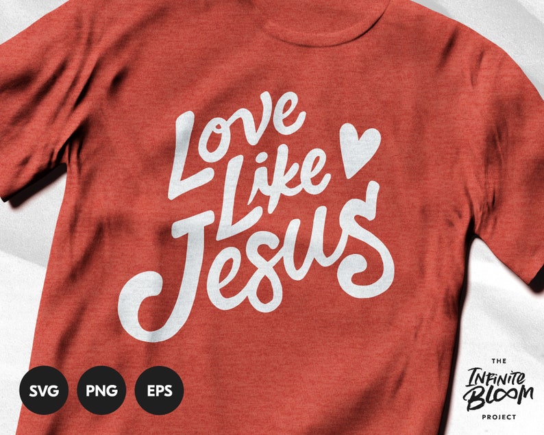 May include: Red t-shirt with white lettering that says "Love Like Jesus" with a small white heart. The text is in a handwritten style font.