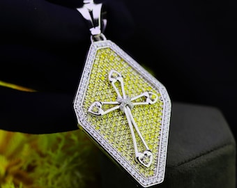 Silver Coffin Moissanite Cross Necklace – Yellow Diamond Pendant