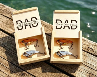 Personalized Dad Fishing Lure Set with Kids Names, Custom Engraved Fishing Bait in Wooden Box, Father’s Day Gift, Birthday, Christmas Gift