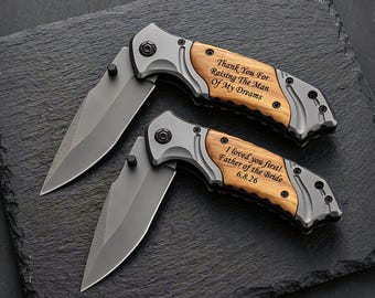 Personalized Engraved Pocket Knife, Father of the Bride/Groom Wedding Gift, Custom Wood Handle Folding Knife, Thank You Gift for Dad