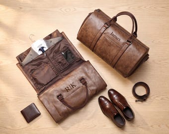 Personalized Leather Garment Duffle Bag, Custom Name Suit Travel Bag for Men, Business Overnight Luggage, Groomsmen Wedding Gift for Him