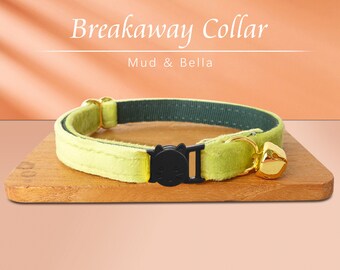 Breakaway Cat Collar with Name Engraved Custom Quick Release Cat Collar Avocado Green  Kitten Collar with Bell Bow tie Gift