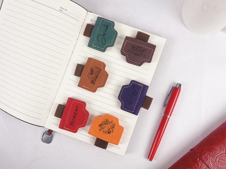 Personalized Engraved Leather Magnetic Bookmark With Pen Holder, Custom ...