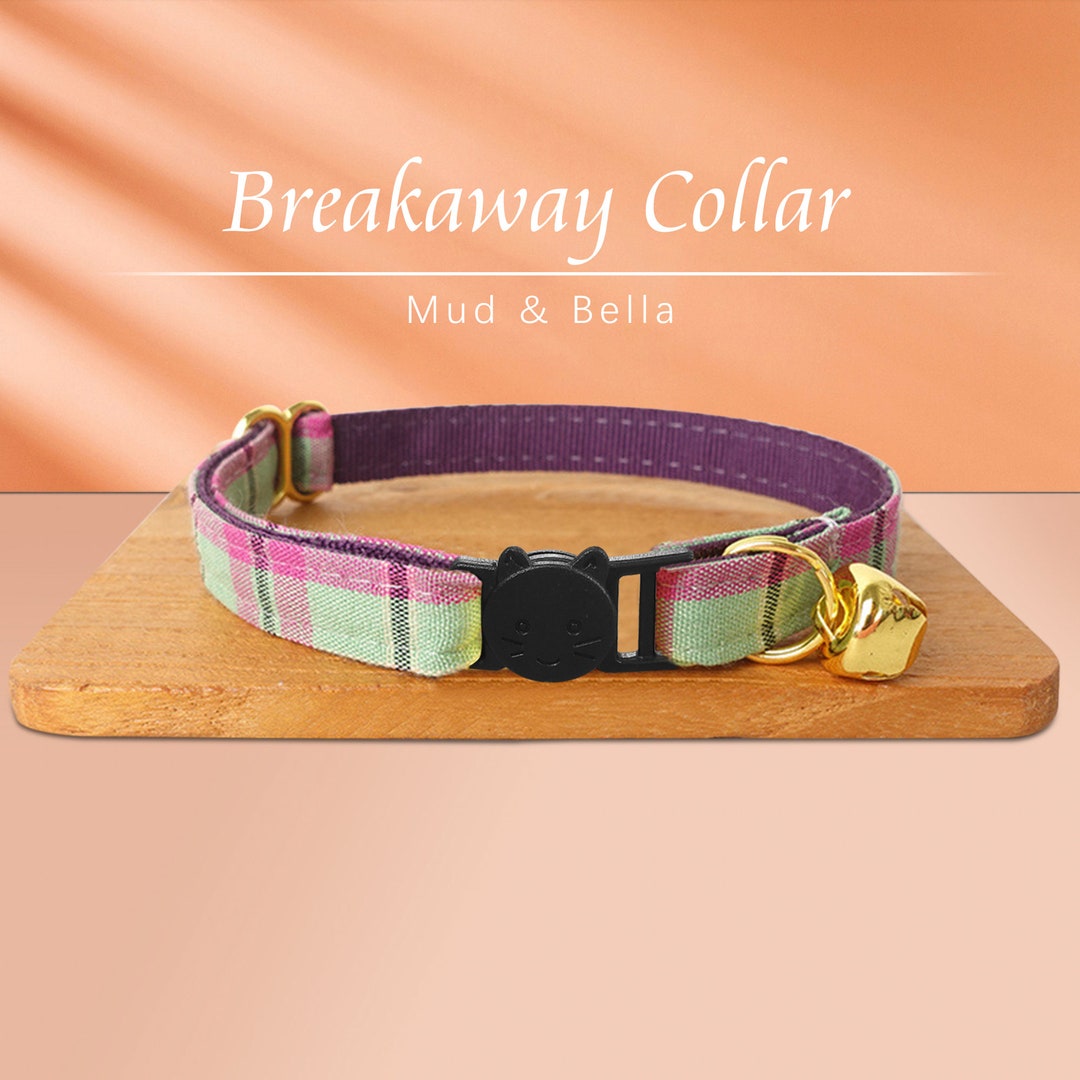 Breakaway Cat Collar With Name Engraved Custom Quick Release Cat Collar Mint Purple Grid Kitten