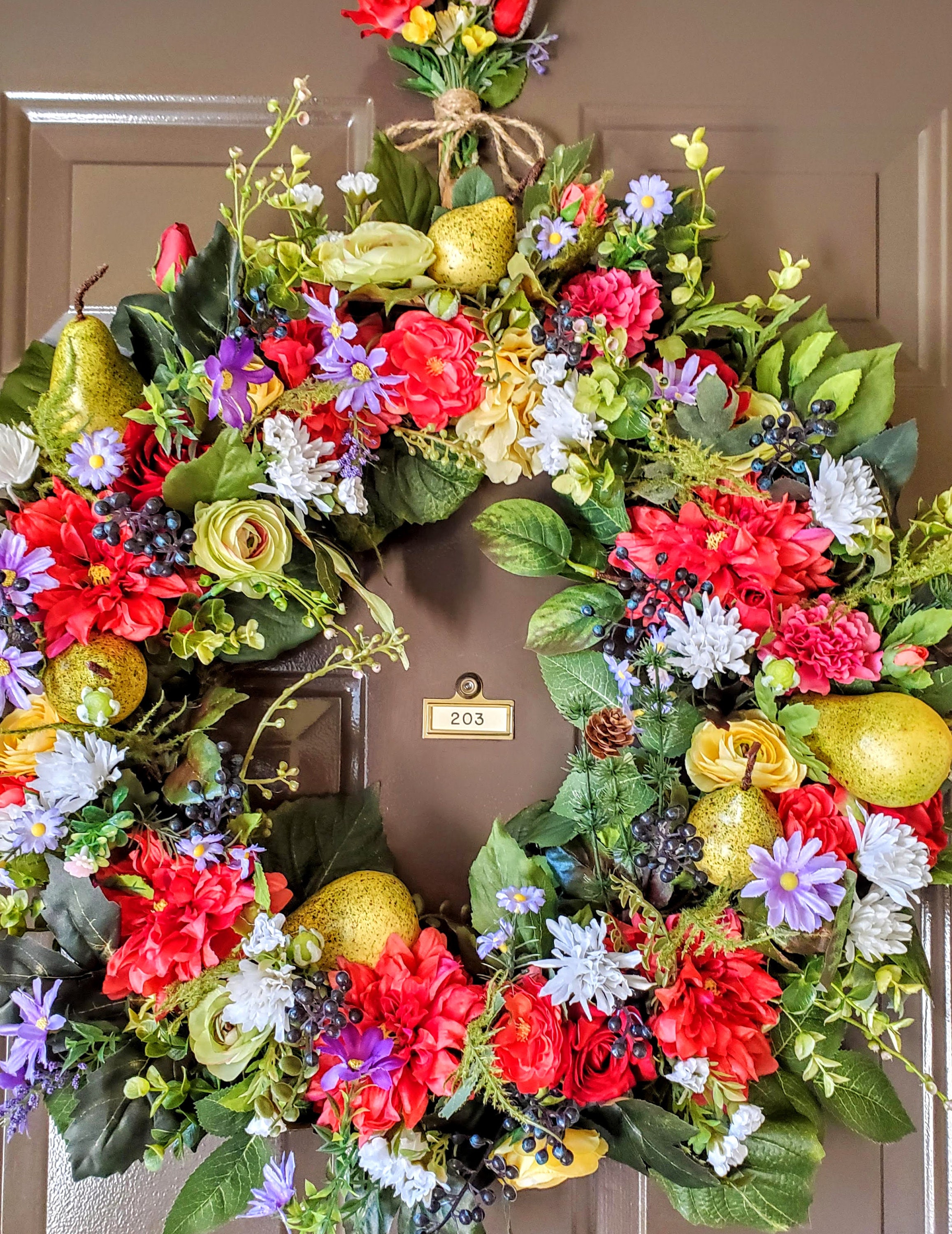 Front Door Wreath, All Seasons Wreath, Hand Crafted, Dahlias, Pears
