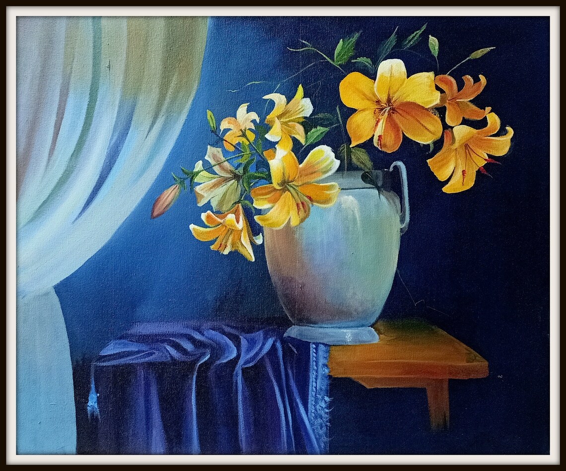 Hand Painted Flower Pot Acrylic Cool Colour on Canvas Etsy