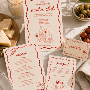 Puede incluir: Un conjunto de papelería con temática de club de pasta con detalles en rojo. La invitación dice "Pasta Club" con detalles para una velada de pasta y vino. Incluye un menú, una tarjeta de sitio y una tarjeta de agradecimiento.