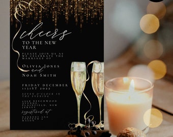 New Years Eve Wedding Invitation Template Champagne Black Gold Digital Download Template Simple Editable Invitation DV25 Corjl