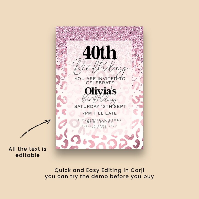 Editable Leopard Print Birthday Invitations Pink Glitter 40th Party