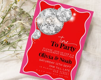 Editable Engagement Party Invitation, Retro Disco Invite, Printable Pink and Red Glitter Ball Party Engagement Template Instant Download