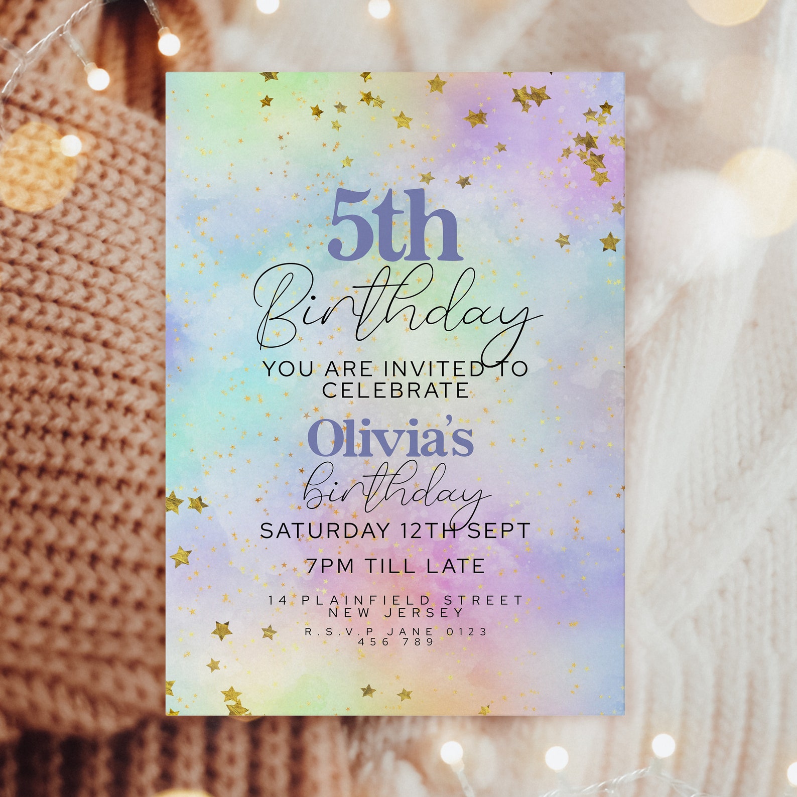 Editable 5th Birthday Invitation Watercolur Pastel Rainbow Printable ...