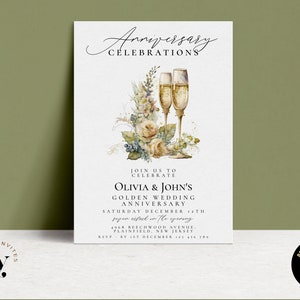 Faire-part d'anniversaire de mariage doré 50e anniversaire fleurs champagne modifiables, téléchargement imprimable inviter DV25