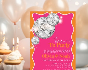 Editable Engagement Party Invitation, Retro Disco Invite, Printable Pink and Orange Glitter Ball Party Engagement Template Instant Download