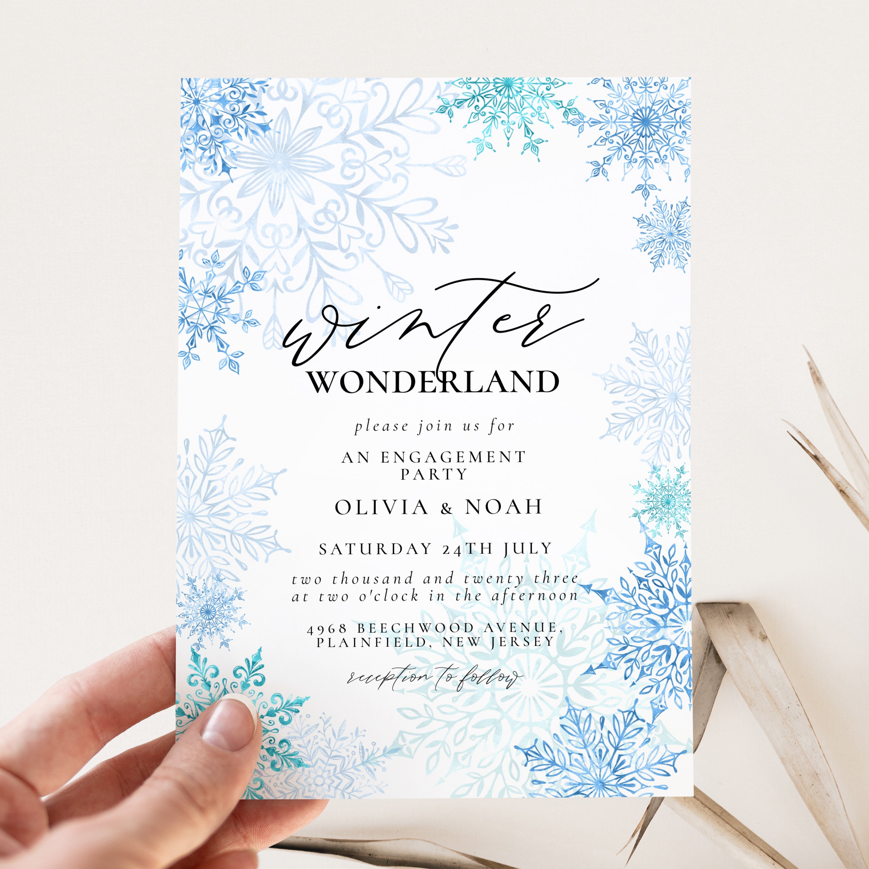 Editable Winter Wonderland Engagement Party Invitation, Blue Snowflake ...