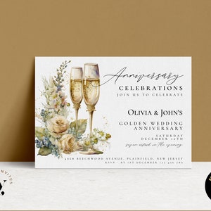 Golden Wedding Anniversary Invitation  Flowers Champagne Flutes Anniversary Editable for any year Printable Download Invite DV25