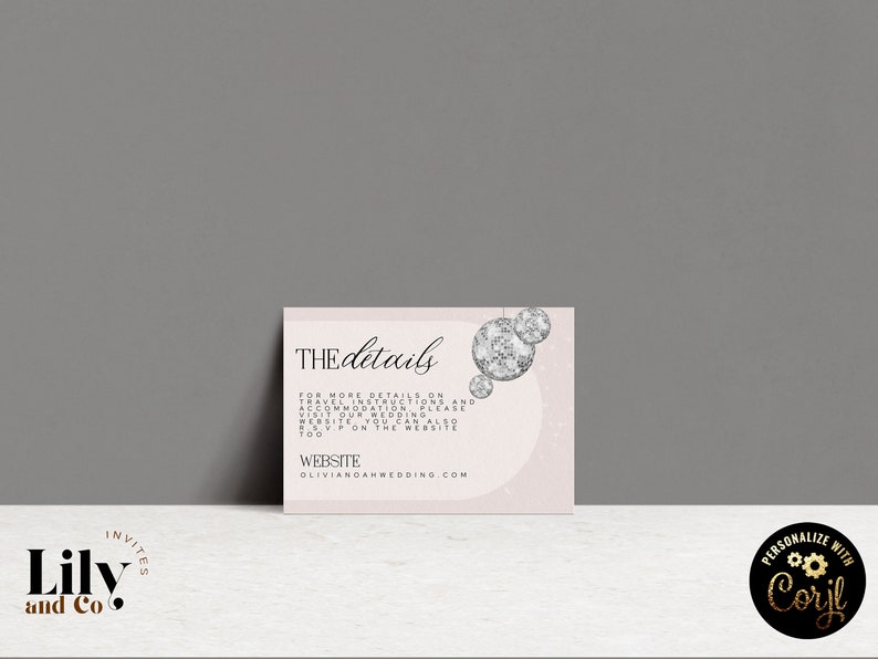 Disco Ball Wedding Details Card Template Glitter Ball Printable Invite